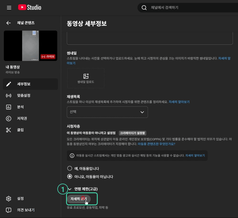PC 유튜브 스튜디오 세부정보 페이지 하단의 자세히 보기